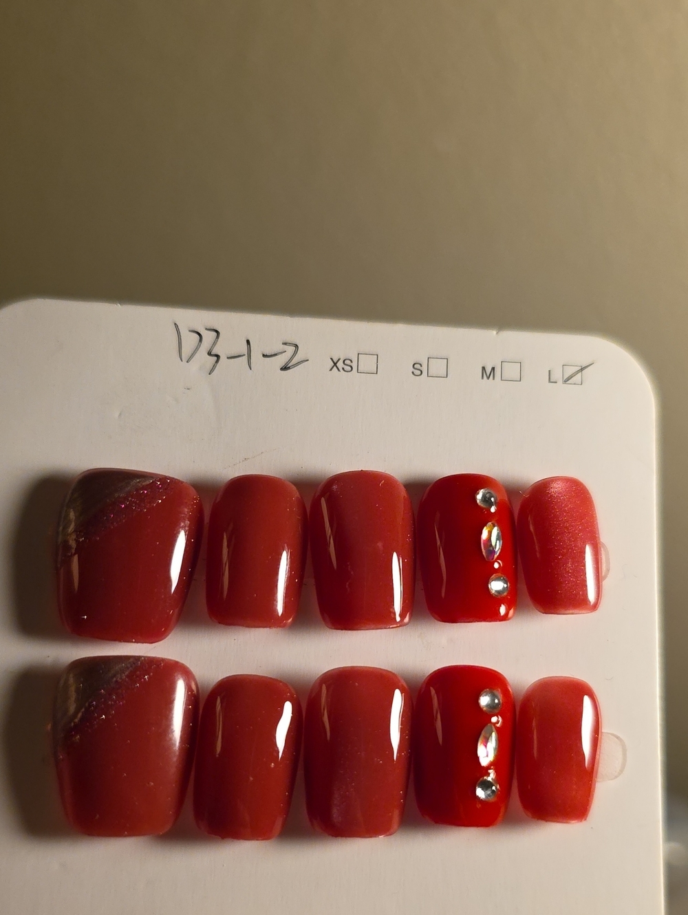 Red Press-On False Nails Set with Rhinestones Size Large